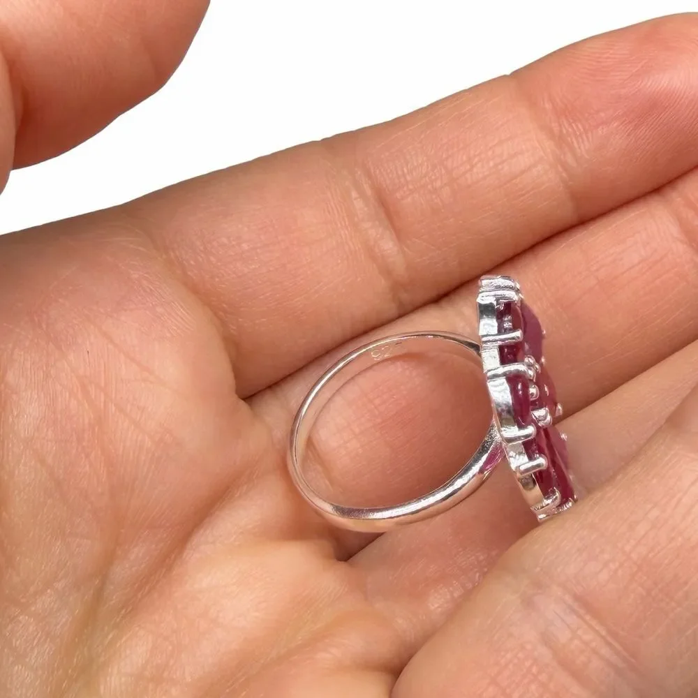 Ruby Flower Ring Size 6 Solid 925 Sterling Silver Daisy Multi Stone Statement